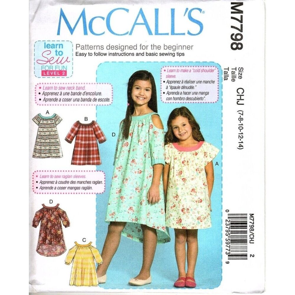 McCall's M7798 Girls 7 to 14 Easy Pullover Dresses Uncut Sewing Pattern New